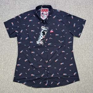 Dixxon Party Vision 3D Glasses Print Short Sleeve Button Up Shirt Men L NWT